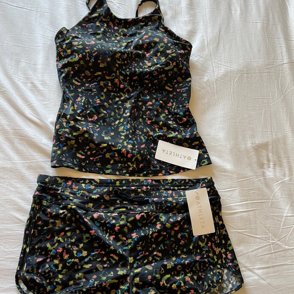 NWT Athleta swimsuit Size L Leopard High Neck Tankini and Leopard Surge Short.